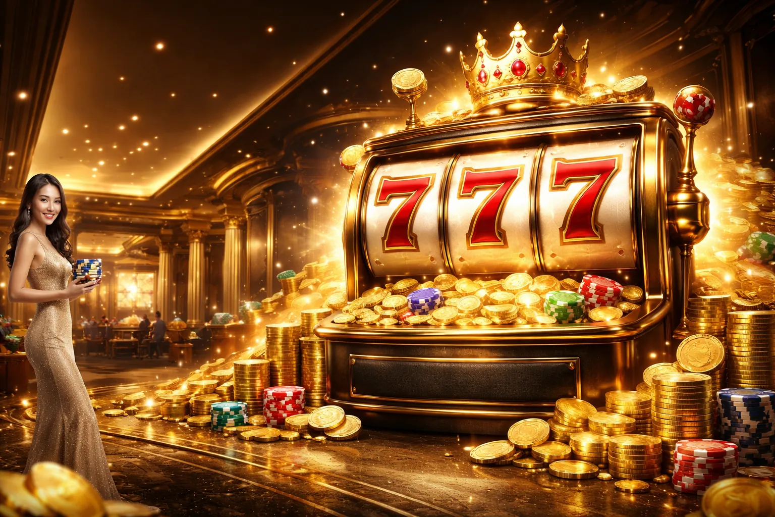 Hình ảnh chính của trang web máy đánh bạc hàng đầu Nổ hũ 789 win, với các biểu tượng slot game lấp lánh và tiền vàng, tạo cảm giác hứng khởi và cơ hội thắng lớn.